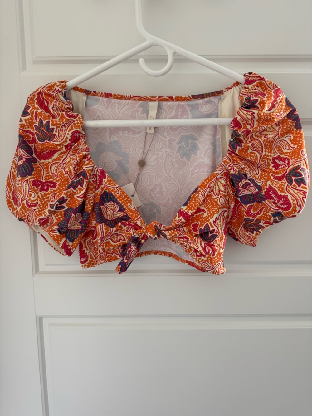 NWT Cleobella Maude Tie-Front Puff Sleeve Bikini Top, Orange Print, Size Small